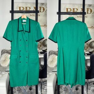 Vintage Kasper ASL Petite Emerald Green Double Breasted Blazer Dress Black Trim